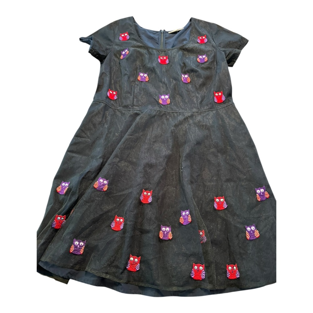 eShakti Owl Embroidered Mesh Black Dress Fit & Flare Custom Artsy Academic Sz L - Picture 2 of 15